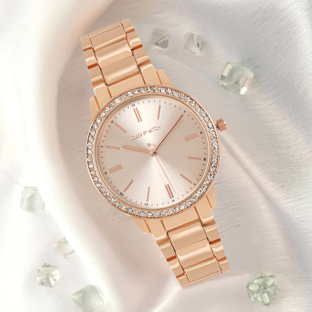 Halo Rose Gold Large Rhinestone Dial Linked Chain Strap Women's Watch