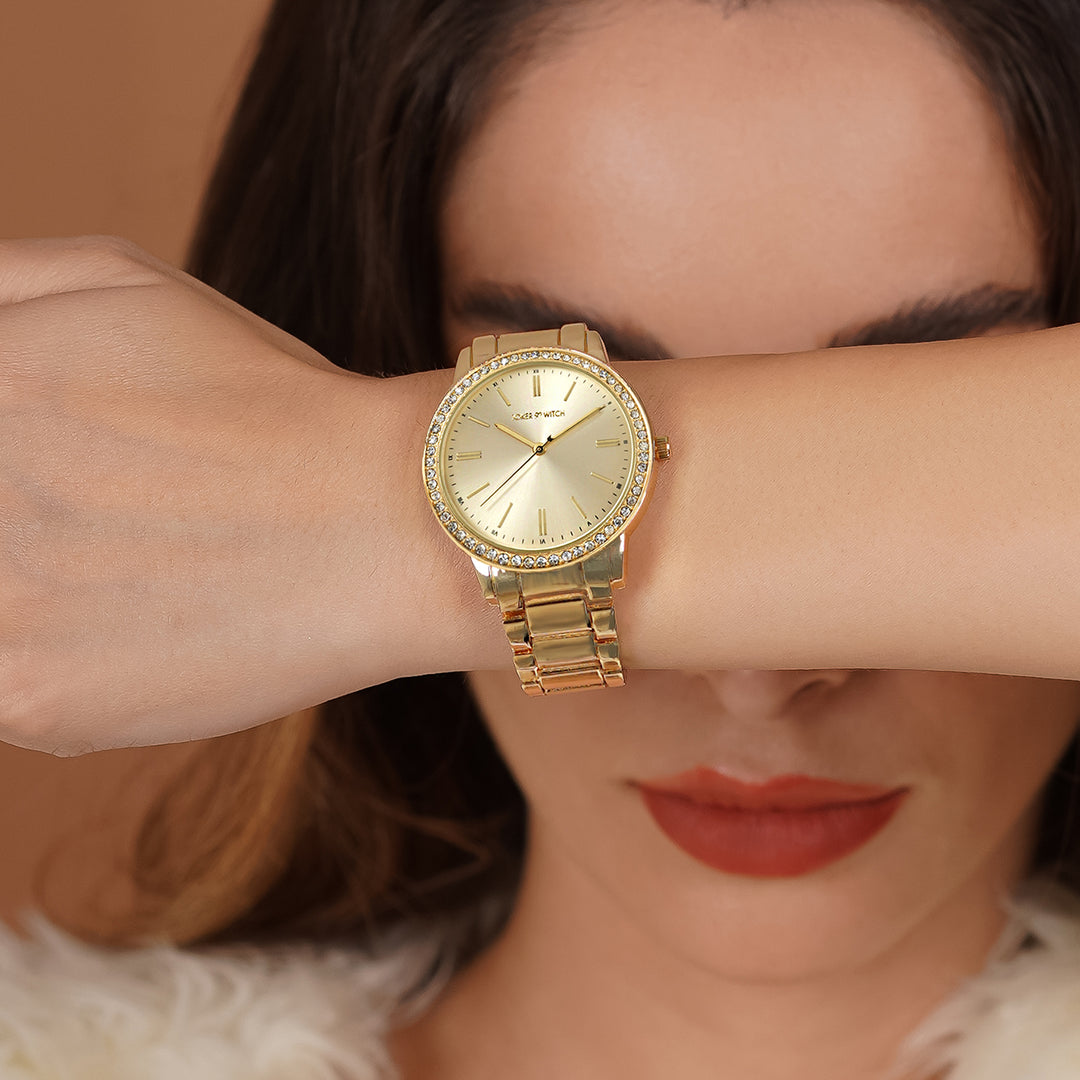 Halo Gold Large Rhinestone Dial Linked Chain Strap Women's Watch