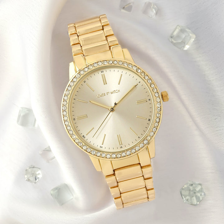 Halo Gold Large Rhinestone Dial Linked Chain Strap Women's Watch
