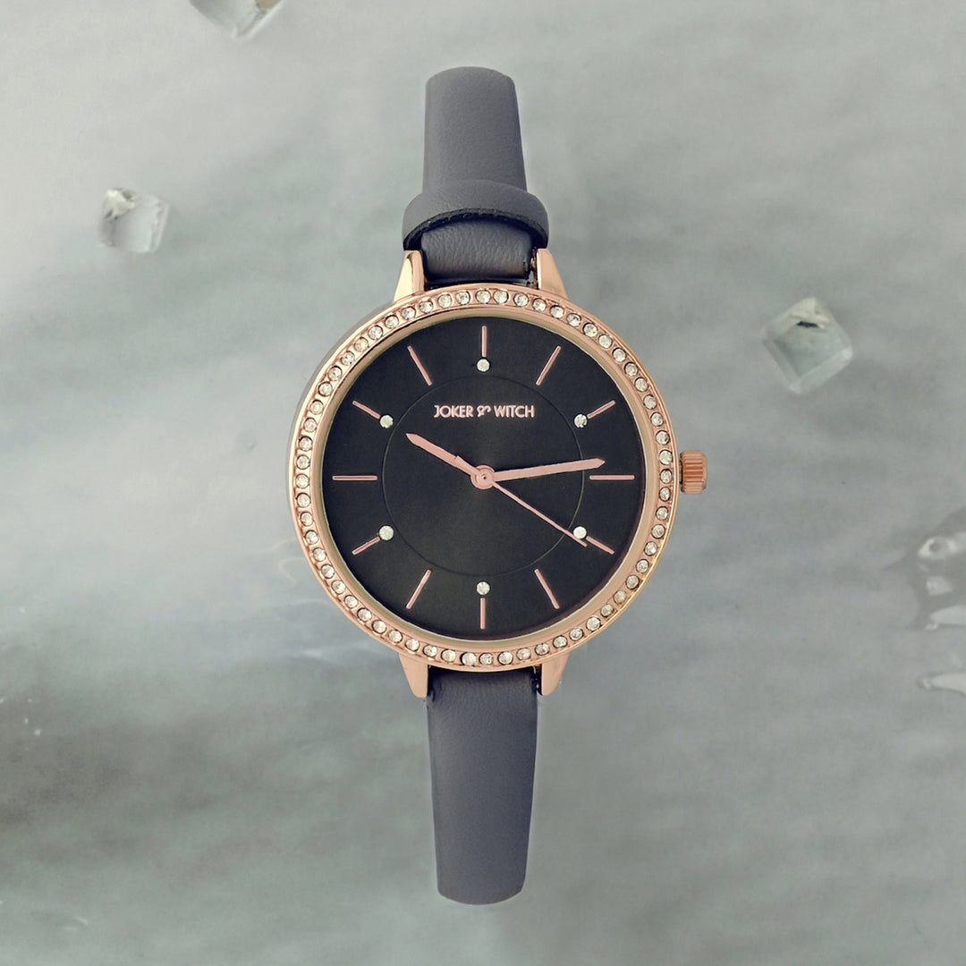 Sunrise Grey Medium Rhinestone Dial PU Strap Women's Watch