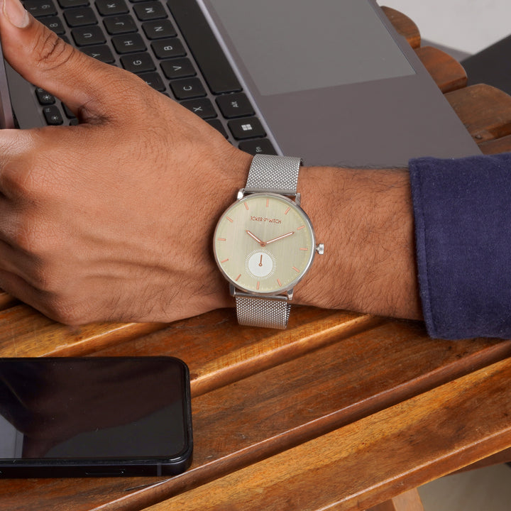 Vancouver Beige Large Dial Silver Mesh Strap Men's Watch