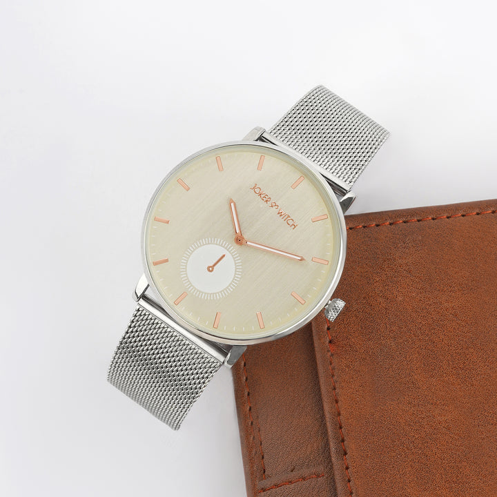 Vancouver Beige Large Dial Silver Mesh Strap Men's Watch