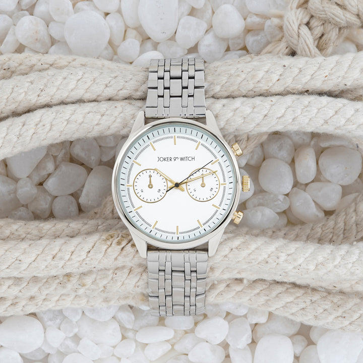 Cruz White Large Dial Silver Linked Chain Strap Men's Watch