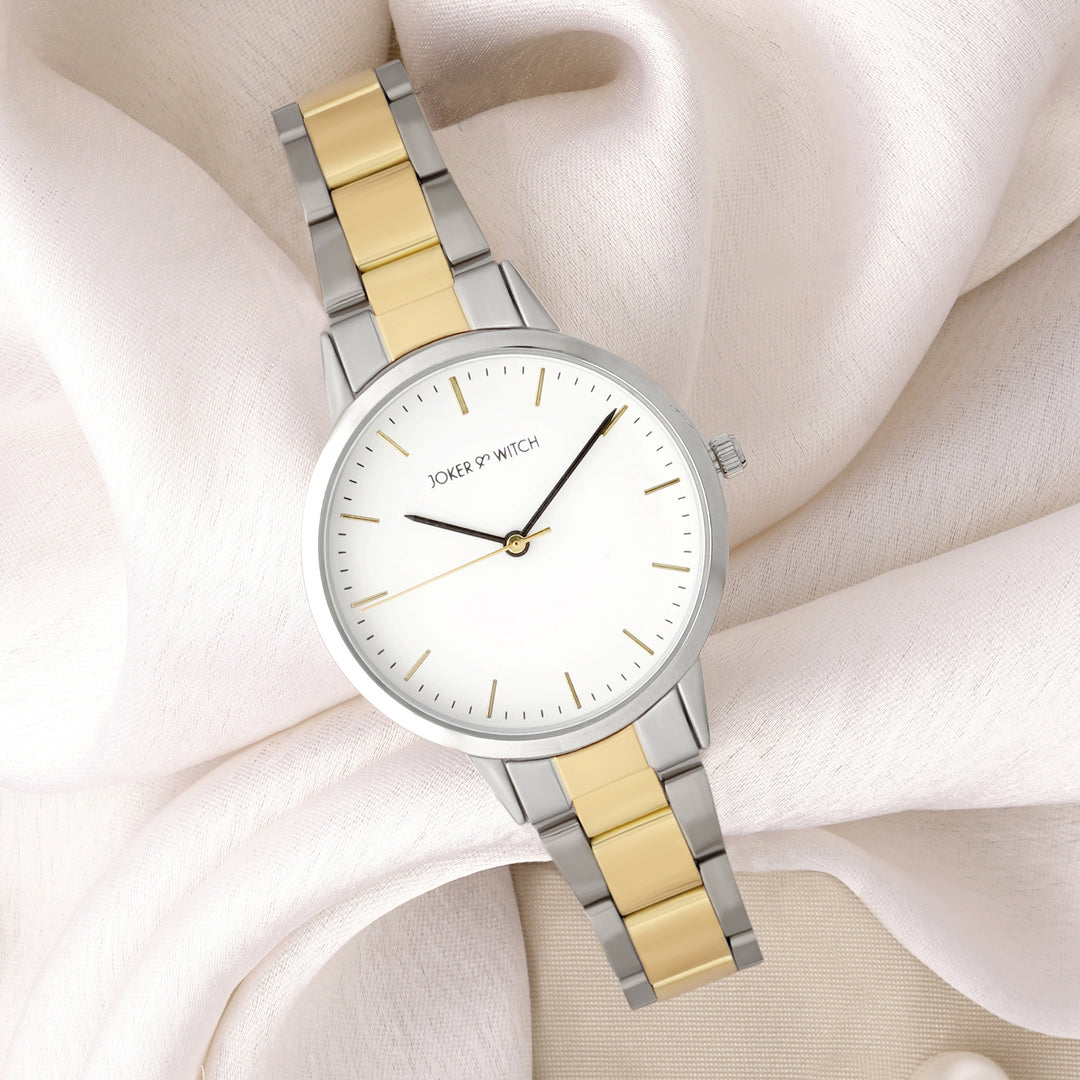 Tokyo White Medium Dial Dual Tone Linked Chain Strap Women's Watch