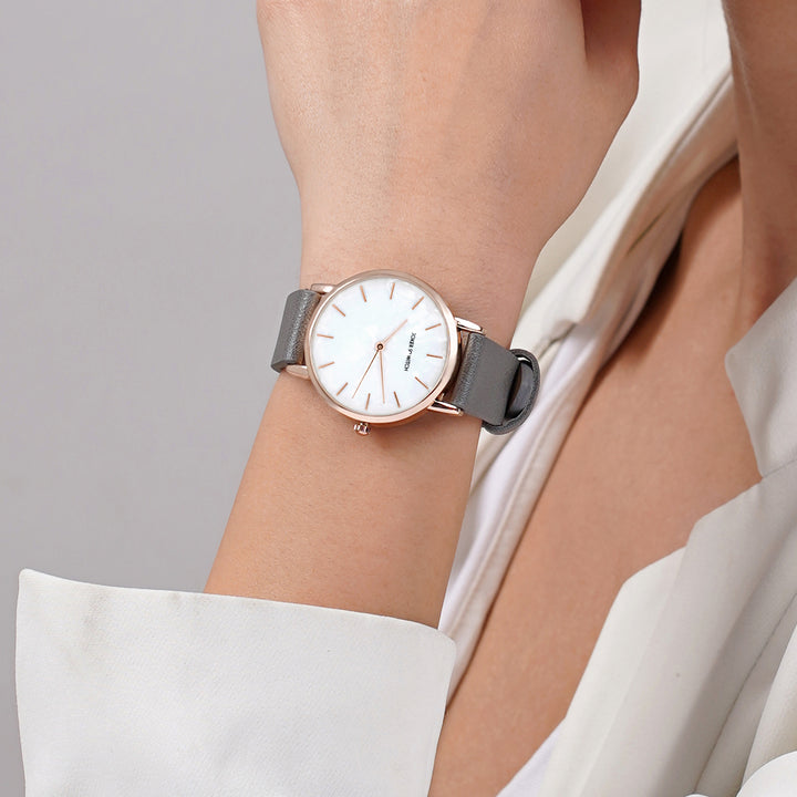 Boston White MOP Medium Dial Grey PU Strap Women's Watch