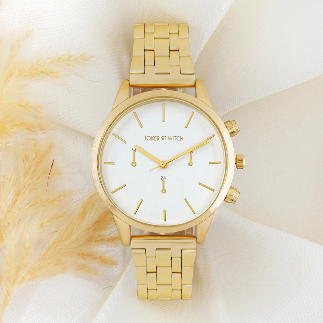 Prague White Large Dial Gold Linked Chain Strap Women's Watch