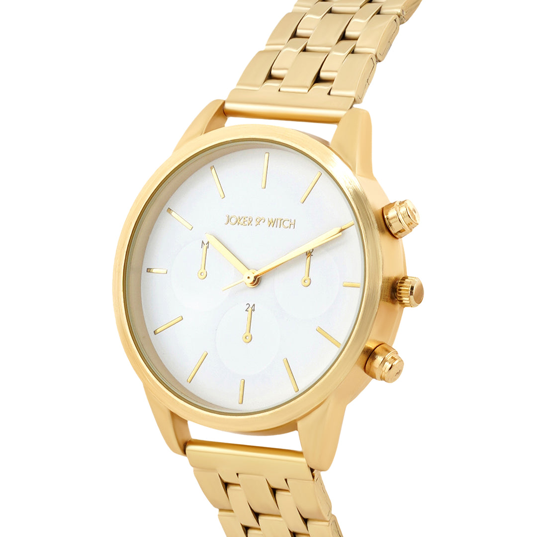 Prague White Large Dial Gold Linked Chain Strap Women's Watch