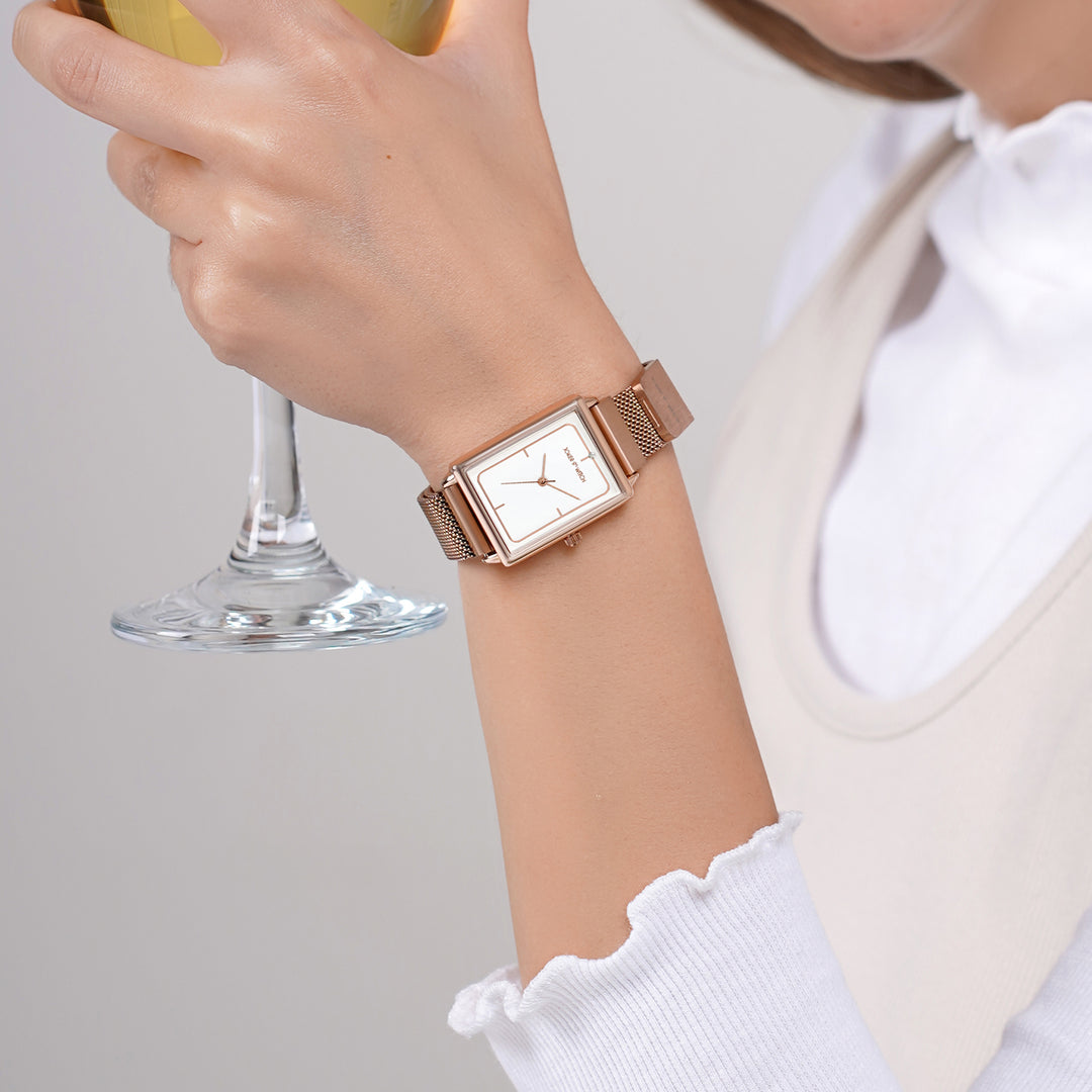 Quad White Small Rectangle Dial Rose Gold Magnetic Strap Women's Watch
