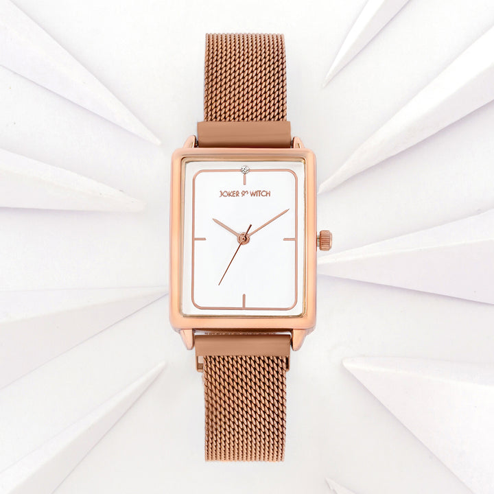 Quad White Small Rectangle Dial Rose Gold Magnetic Strap Women's Watch
