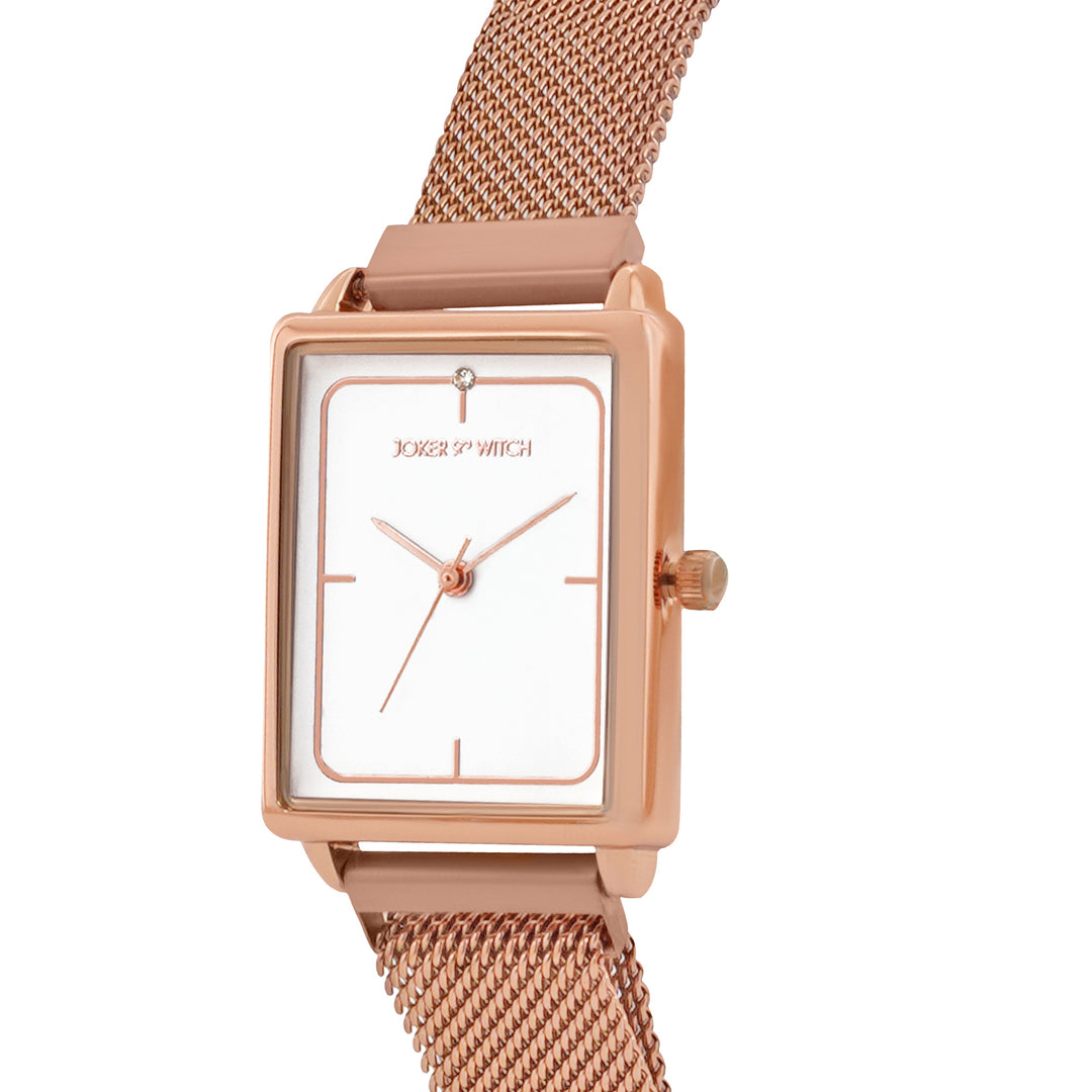 Quad White Small Rectangle Dial Rose Gold Magnetic Strap Women's Watch