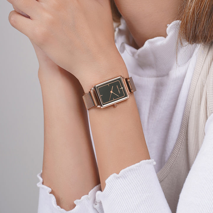 Quad Grey Small Rectangle Dial Rose Gold Magnetic Strap Women's Watch