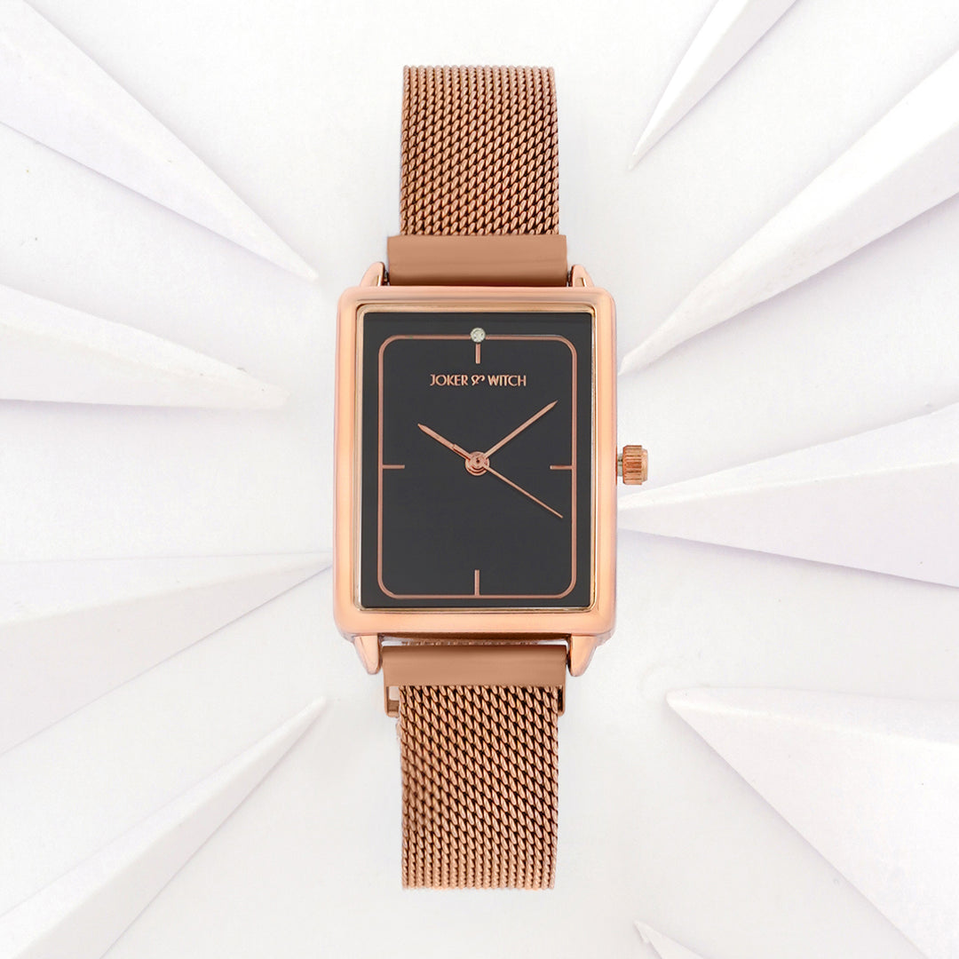 Quad Grey Small Rectangle Dial Rose Gold Magnetic Strap Women's Watch