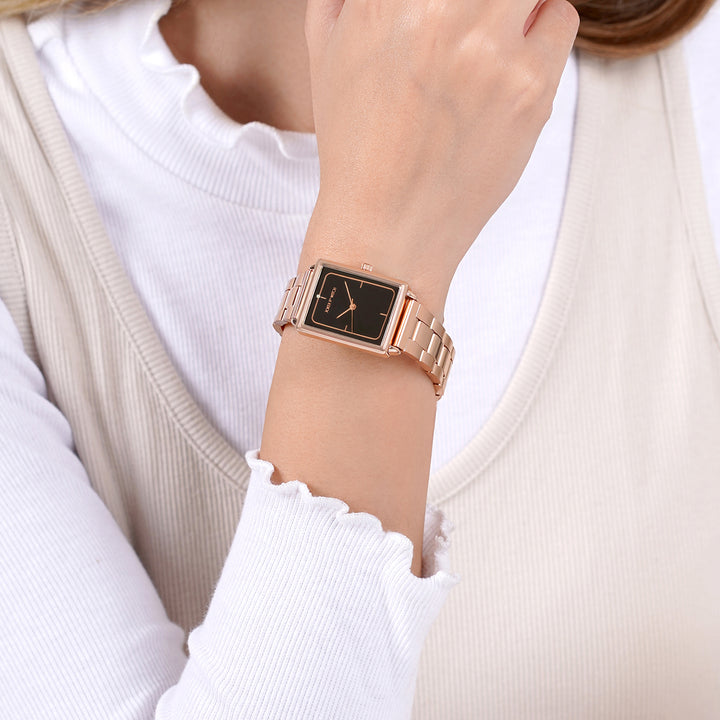 Quad Black Small Rectangle Dial Rose Gold Linked Chain Strap Women's Watch