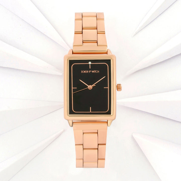 Quad Black Small Rectangle Dial Rose Gold Linked Chain Strap Women's Watch