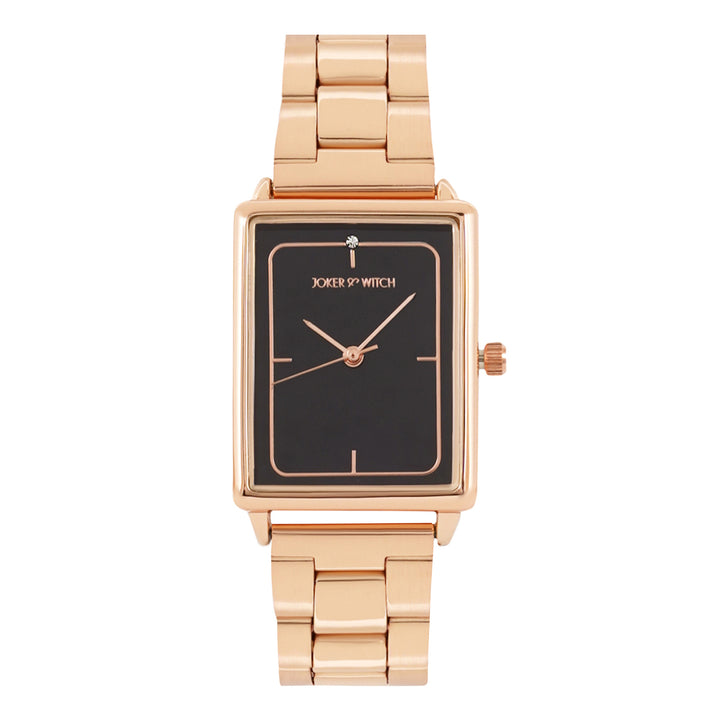 Quad Black Small Rectangle Dial Rose Gold Linked Chain Strap Women's Watch