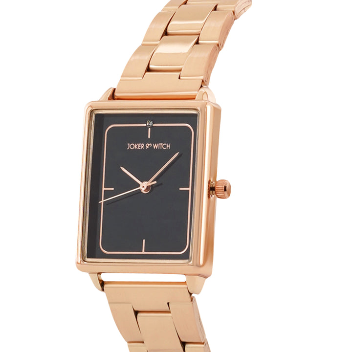 Quad Black Small Rectangle Dial Rose Gold Linked Chain Strap Women's Watch