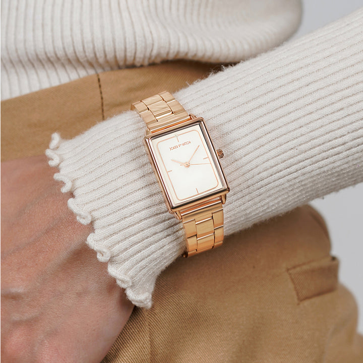 Quad White Small Rectangle Dial Rose Gold Linked Chain Strap Women's Watch