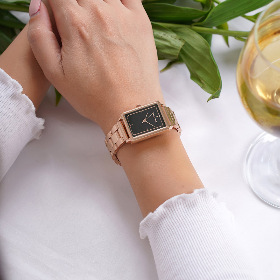 Quad Grey Small Rectangle Dial Rose Gold Linked Chain Strap Women's Watch