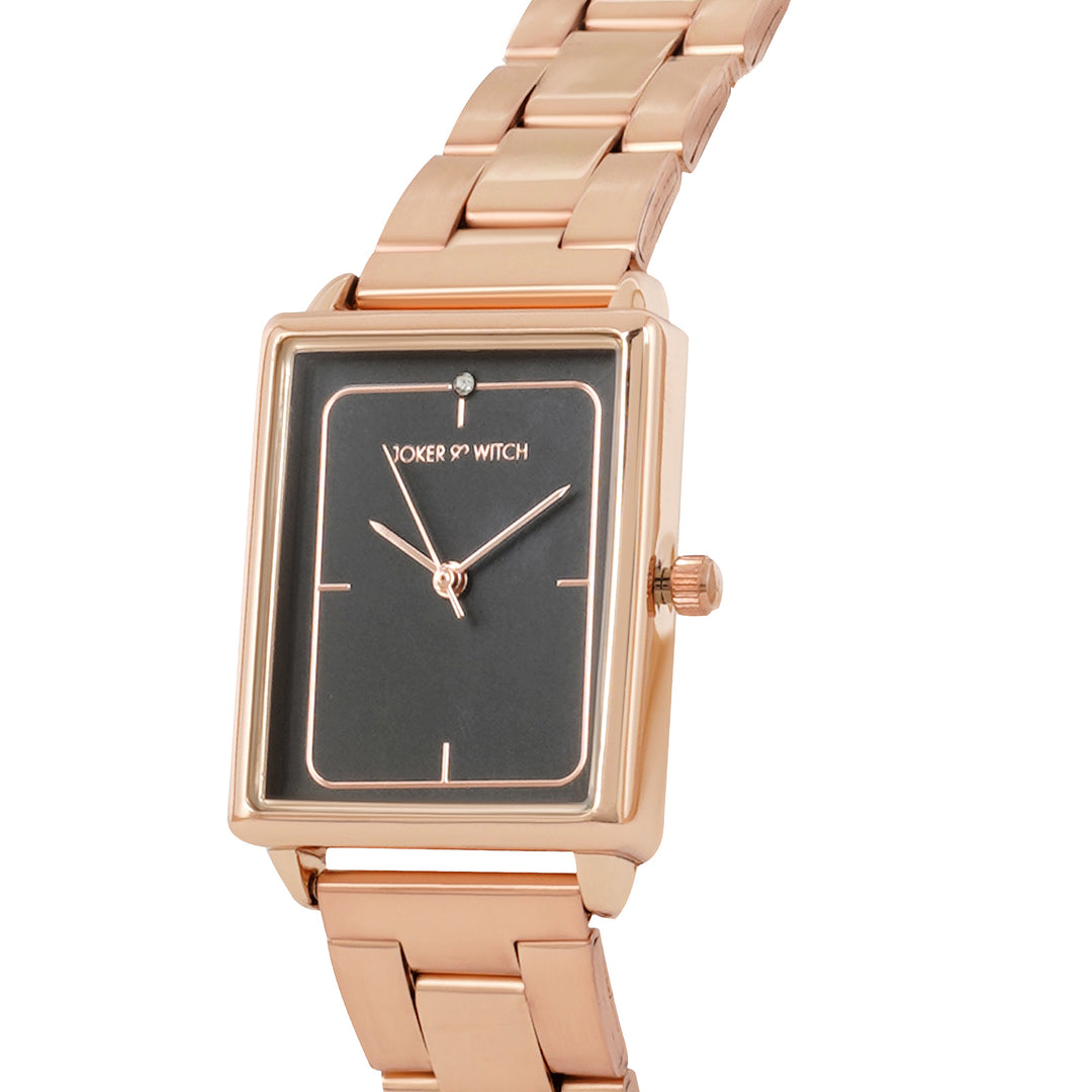 Quad Grey Small Rectangle Dial Rose Gold Linked Chain Strap Women's Watch