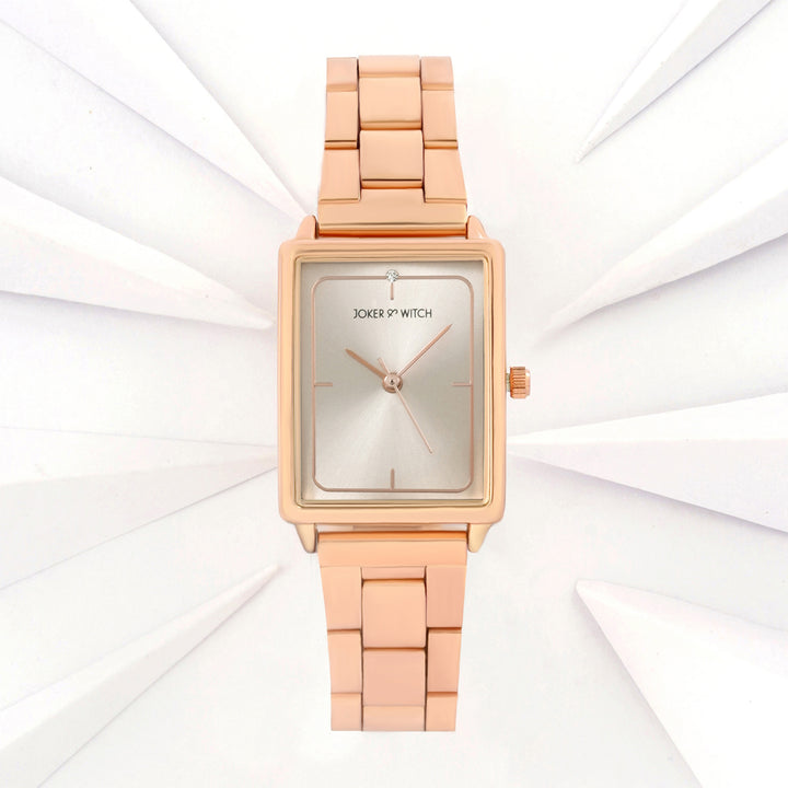 Quad Sunray Rose Gold Small Rectangle Dial Linked Chain Strap Women's Watch