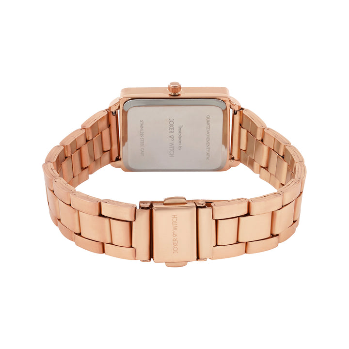 Quad Sunray Rose Gold Small Rectangle Dial Linked Chain Strap Women's Watch