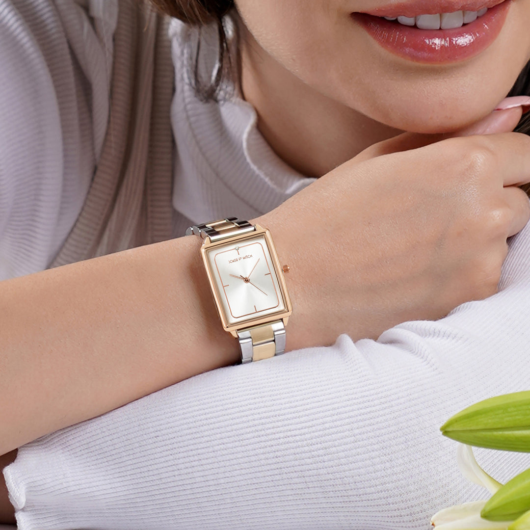 Quad Silver Small Rectangle Dial Dual Tone Linked Chain Strap Women's Watch