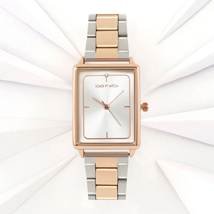 Quad Silver Small Rectangle Dial Dual Tone Linked Chain Strap Women's Watch