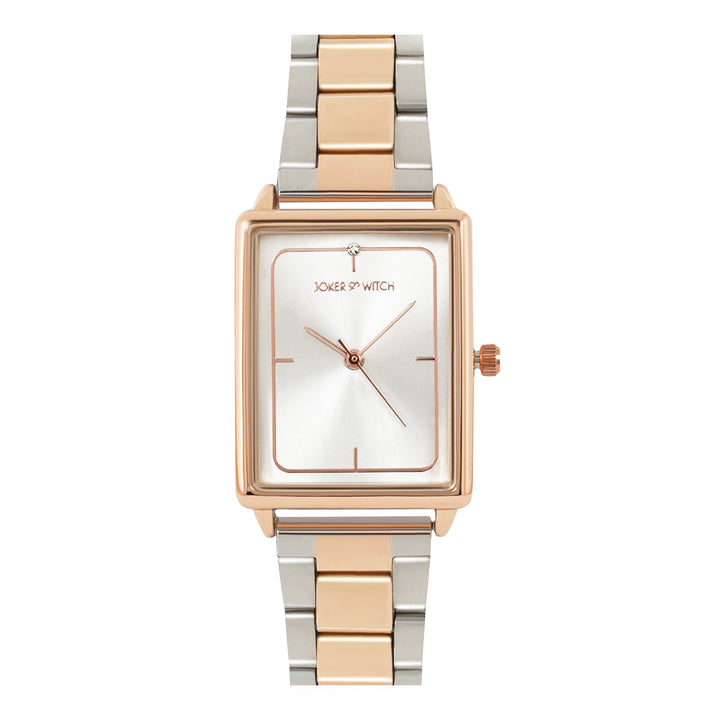 Quad Silver Small Rectangle Dial Dual Tone Linked Chain Strap Women's Watch