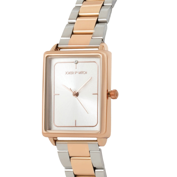 Quad Silver Small Rectangle Dial Dual Tone Linked Chain Strap Women's Watch
