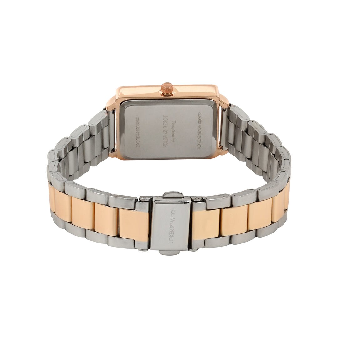 Quad Silver Small Rectangle Dial Dual Tone Linked Chain Strap Women's Watch
