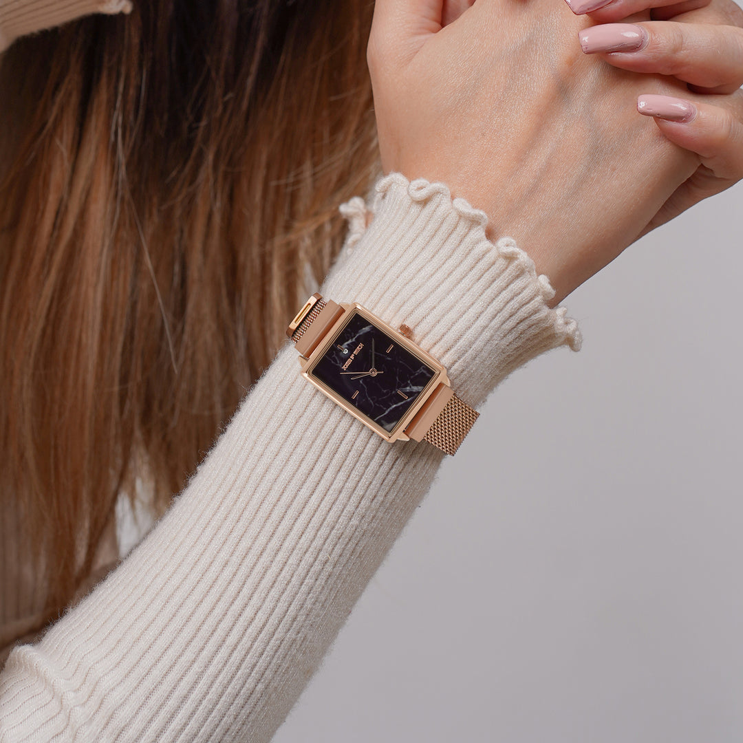 Quad Black Small Rectangle Marble Dial Rose Gold Magnetic Strap Women's Watch
