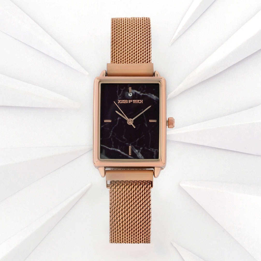 Quad Black Small Rectangle Marble Dial Rose Gold Magnetic Strap Women's Watch