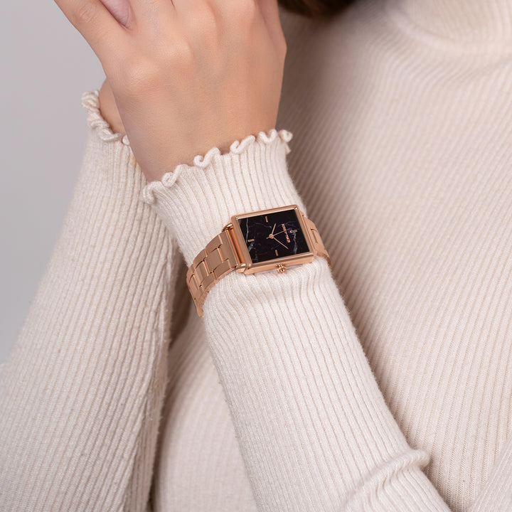 Quad Black Small Rectangle Marble Dial Rose Gold Linked Chain Strap Women's Watch
