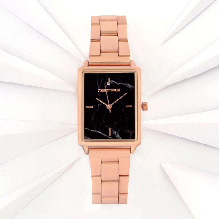 Quad Black Small Rectangle Marble Dial Rose Gold Linked Chain Strap Women's Watch