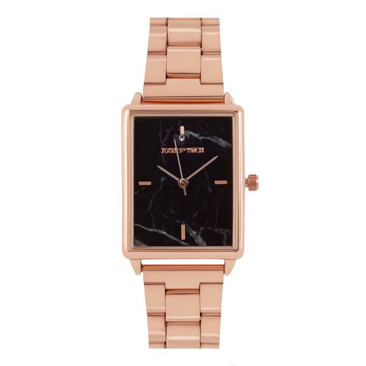 Quad Black Small Rectangle Marble Dial Rose Gold Linked Chain Strap Women's Watch