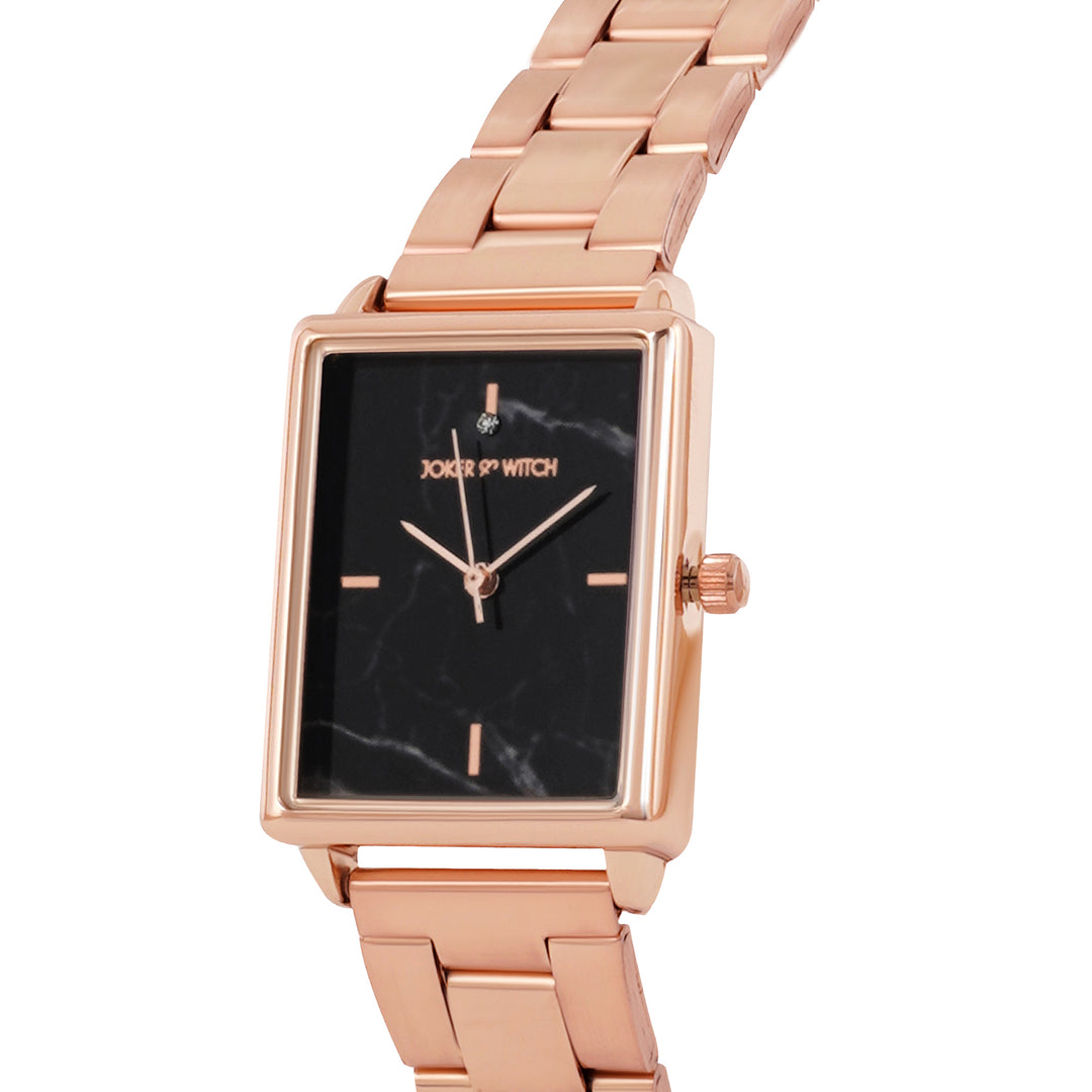Quad Black Small Rectangle Marble Dial Rose Gold Linked Chain Strap Women's Watch