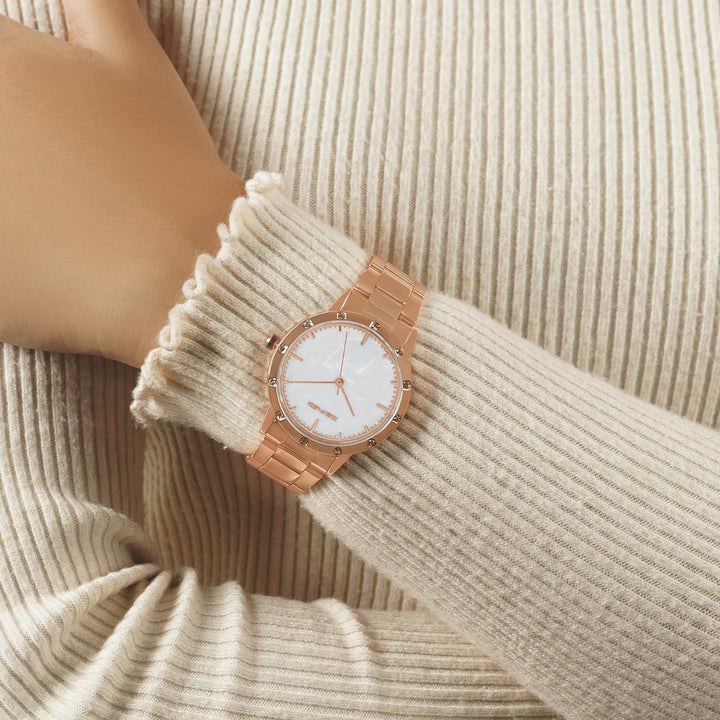 Eros White Medium Rhinestone Dial Rose Gold Linked Chain Strap Women's Watch