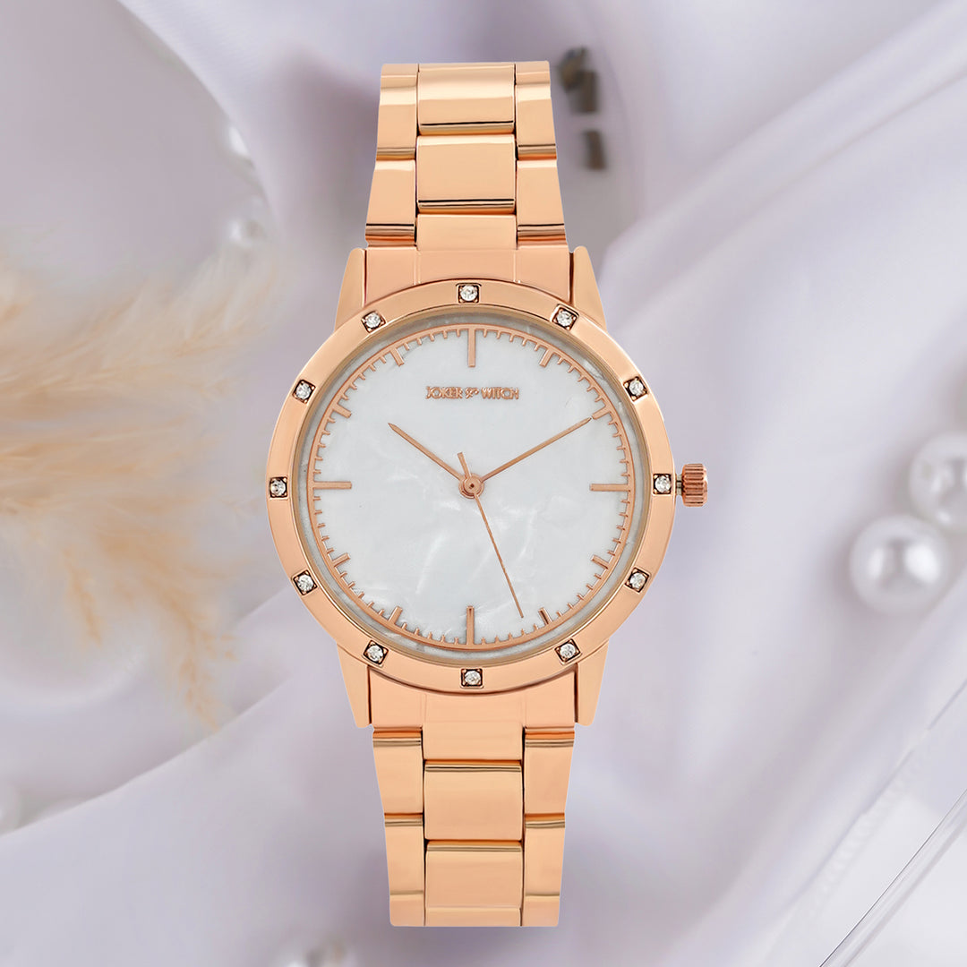 Eros White Medium Rhinestone Dial Rose Gold Linked Chain Strap Women's Watch