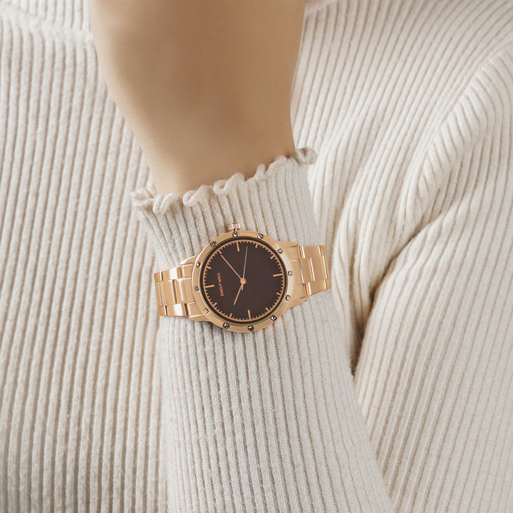 Eros Brown Medium Rhinestone Dial Rose Gold Linked Chain Strap Women's Watch