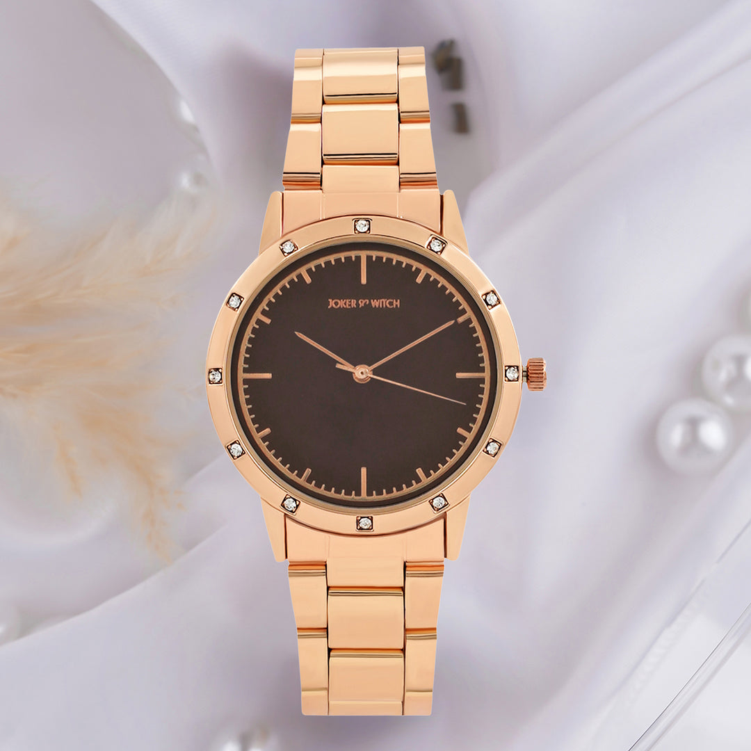 Eros Brown Medium Rhinestone Dial Rose Gold Linked Chain Strap Women's Watch