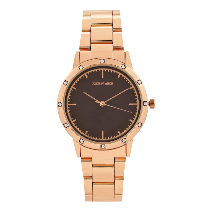 Eros Brown Medium Rhinestone Dial Rose Gold Linked Chain Strap Women's Watch