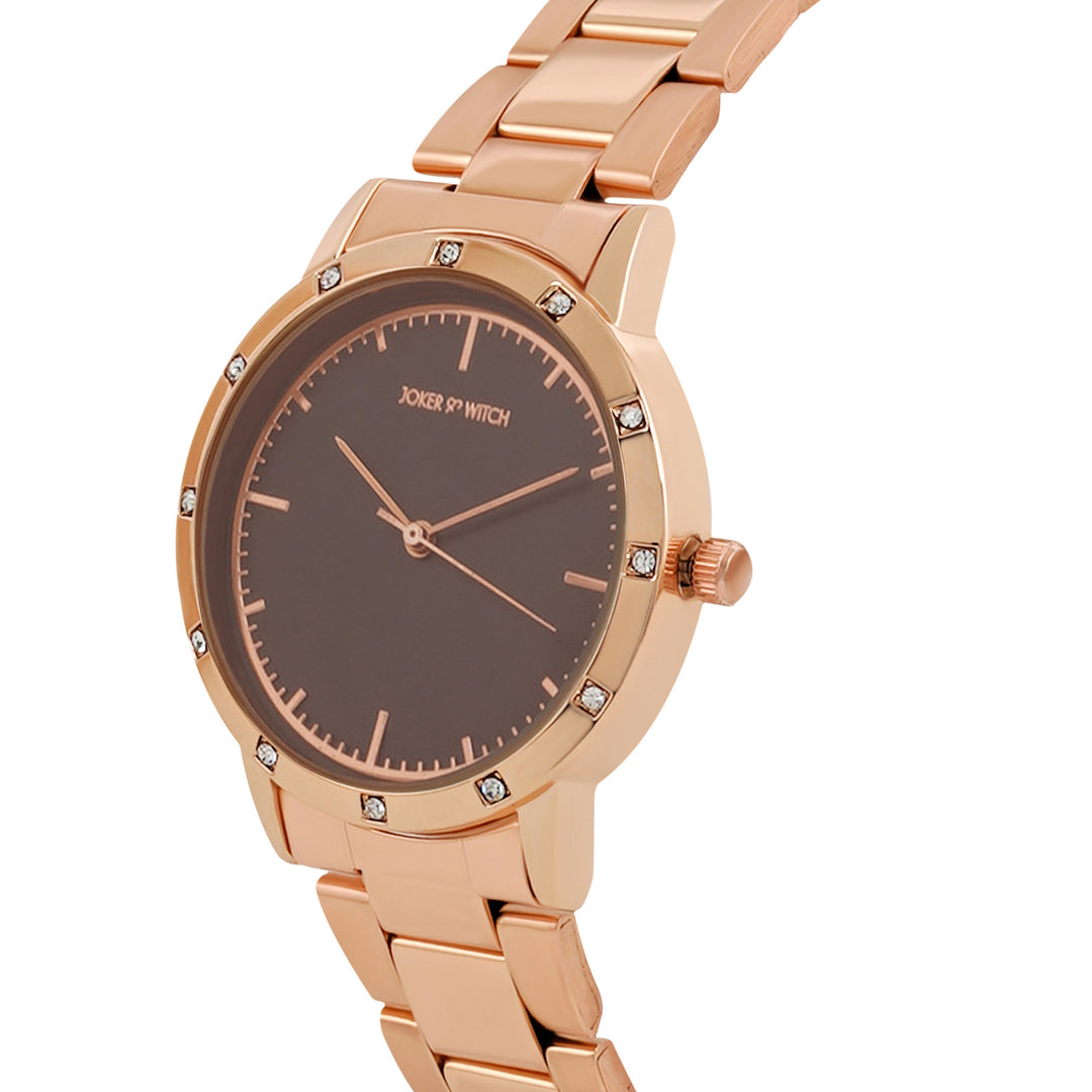 Eros Brown Medium Rhinestone Dial Rose Gold Linked Chain Strap Women's Watch