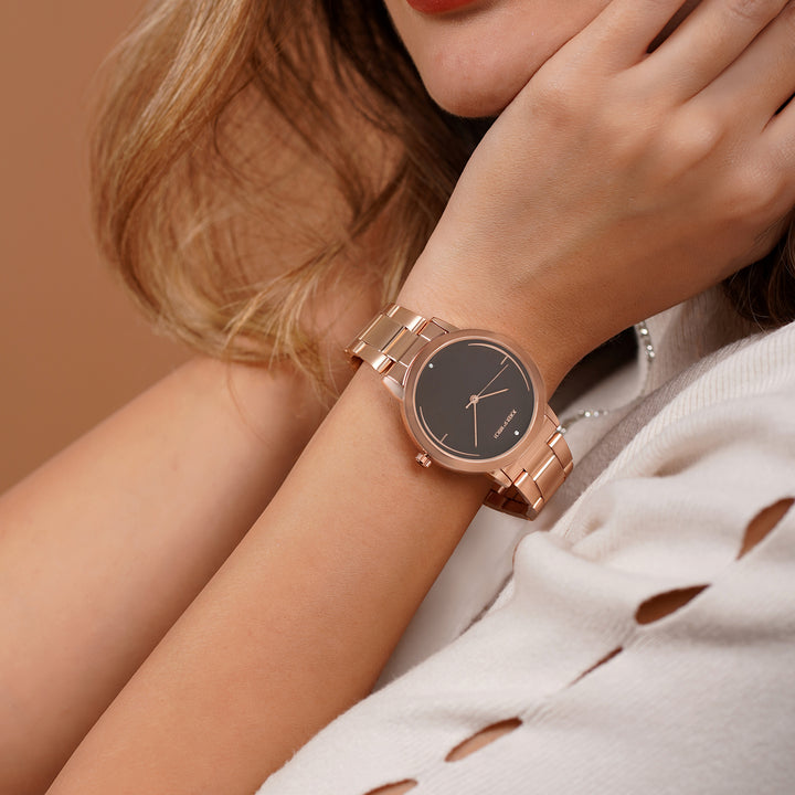 Luna Brown Medium Dial Rose Gold Linked Chain Strap Women's Watch