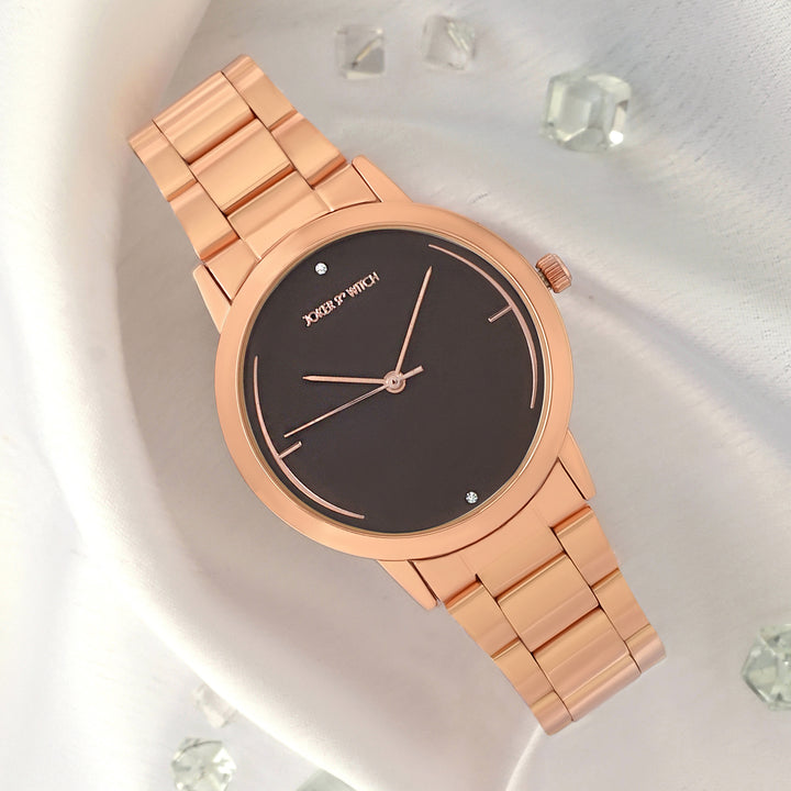 Luna Brown Medium Dial Rose Gold Linked Chain Strap Women's Watch