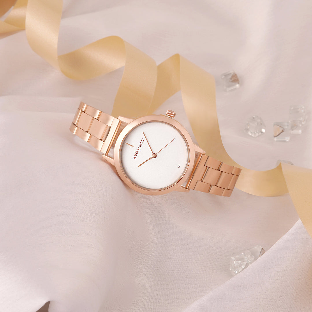 Midnight White Medium Dial Rose Gold Linked Chain Strap Women's Watch
