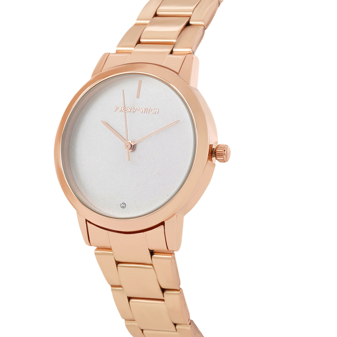 Midnight White Medium Dial Rose Gold Linked Chain Strap Women's Watch