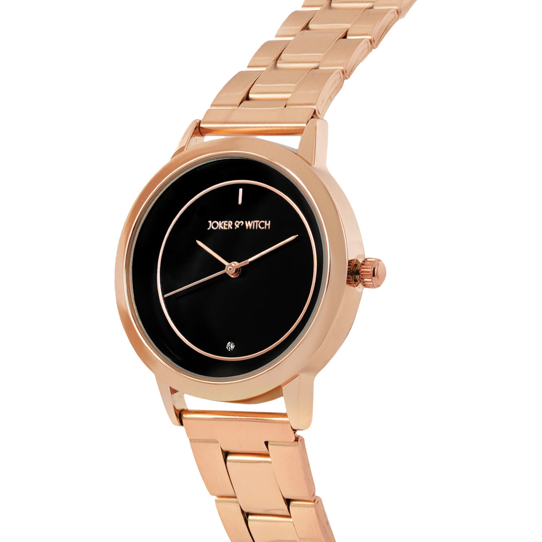 Eclipse Black Medium Dial Rose Gold Linked Chain Strap Women's Watch