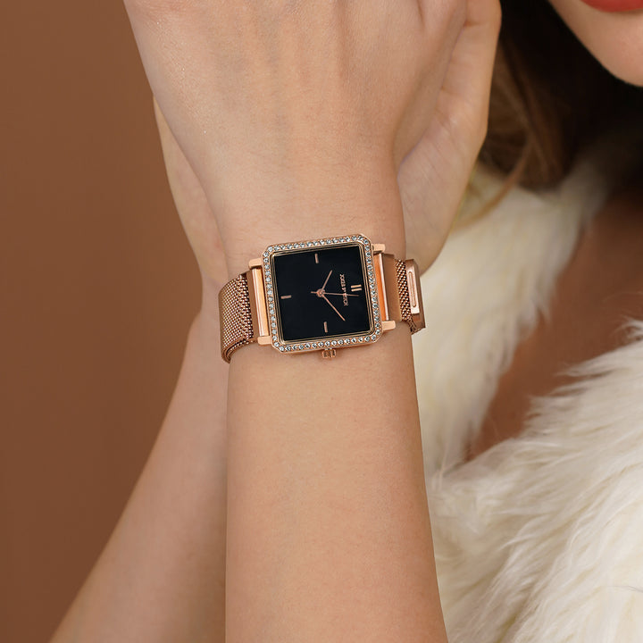 Octa Black Small Square Rhinestone Dial Rose Gold Magnetic Strap Women's Watch