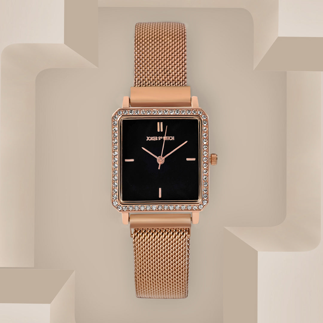 Octa Black Small Square Rhinestone Dial Rose Gold Magnetic Strap Women's Watch