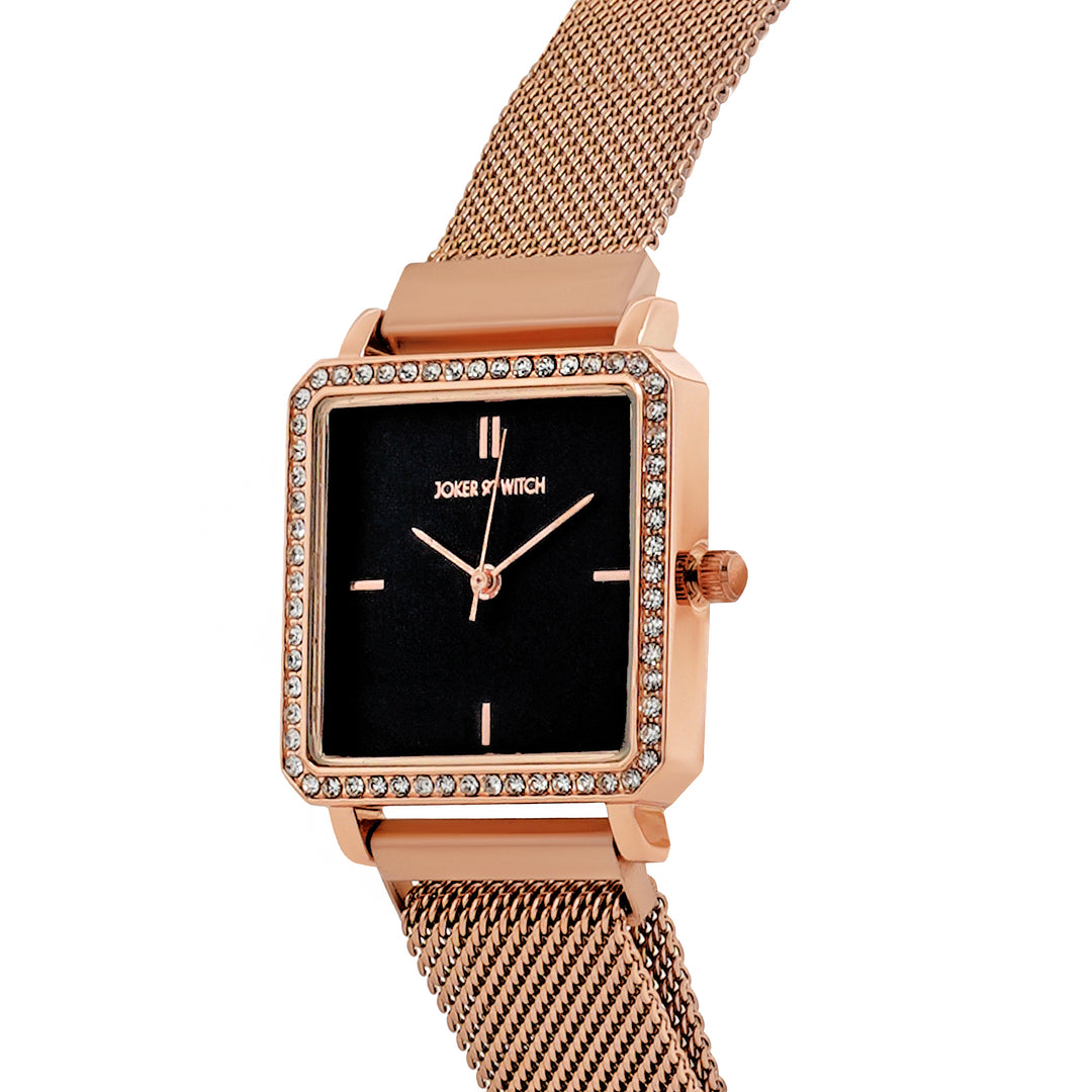 Octa Black Small Square Rhinestone Dial Rose Gold Magnetic Strap Women's Watch